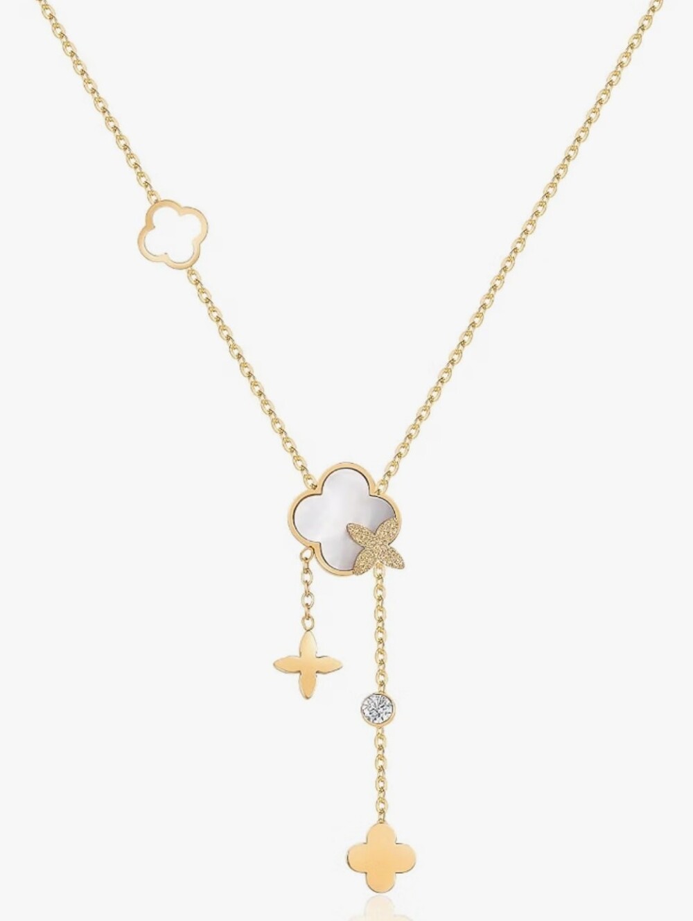 18k Gold Clover Flower Y Necklace Mother of Pearl Accent Stainless Steel 16"